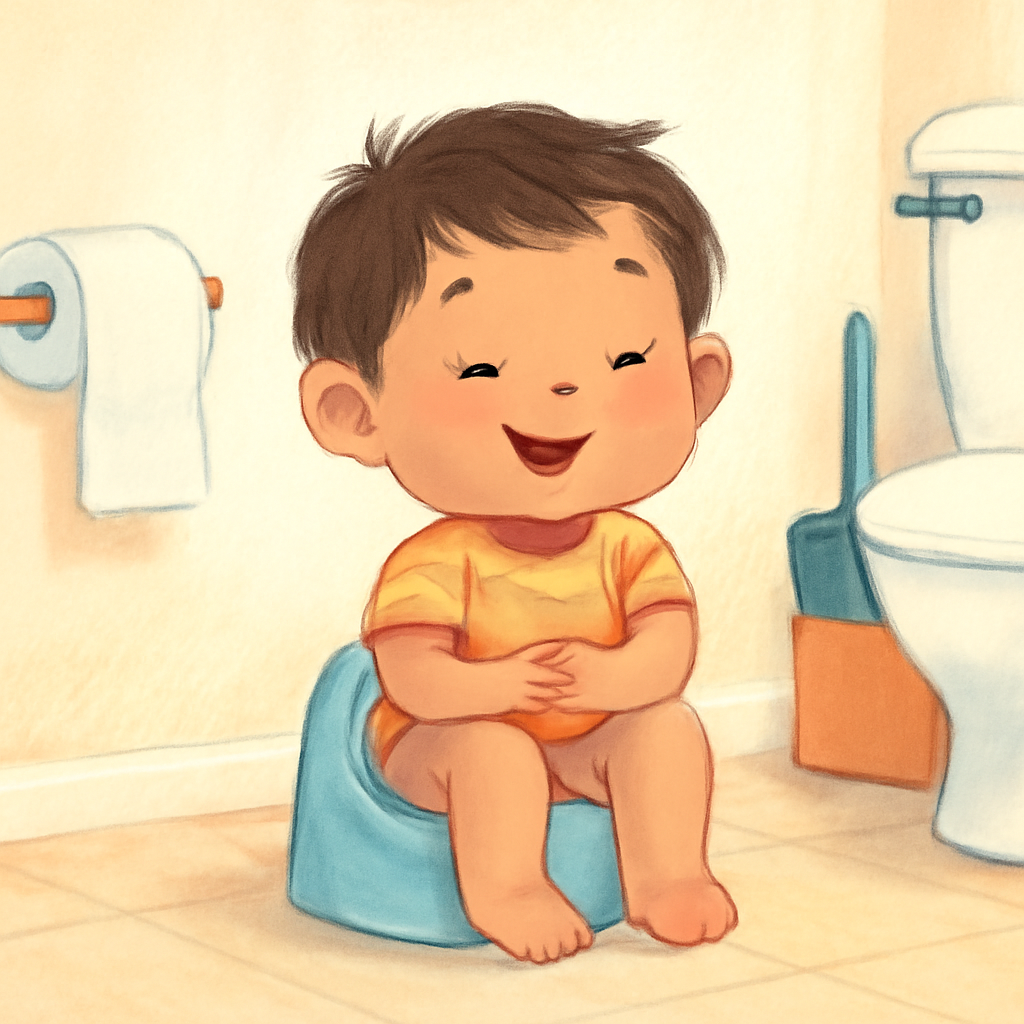 Toddler sitting on a training potty while a parent offers guidance.