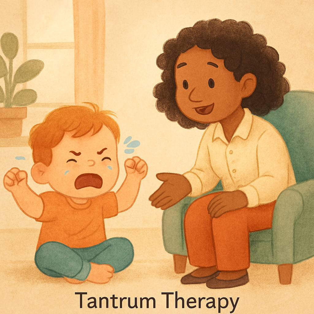 Child having a tantrum while a caregiver stays nearby offering support.