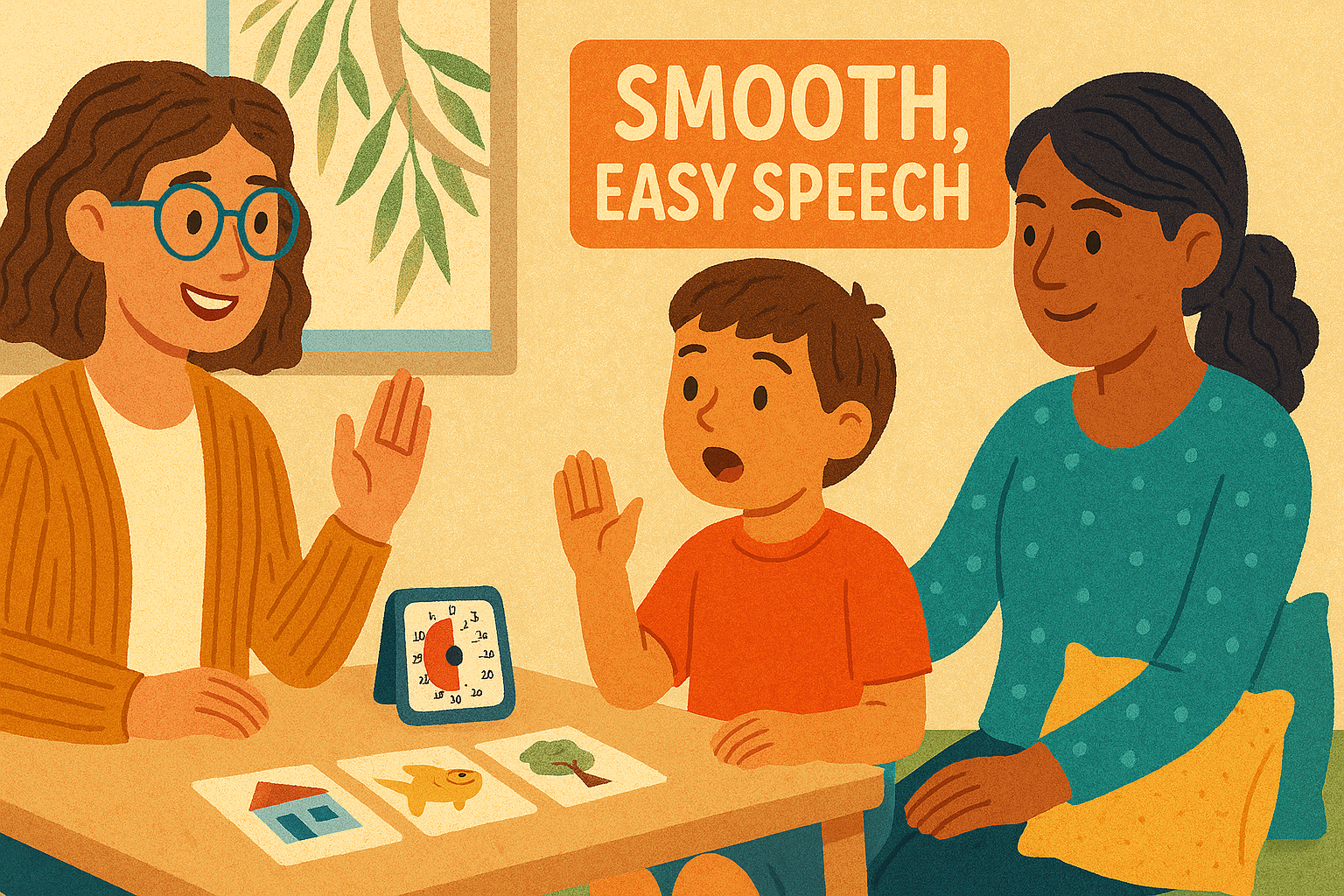 Illustration highlighting key points of NDIS stuttering support, including funding, early intervention, therapy programs, and family–school collaboration.