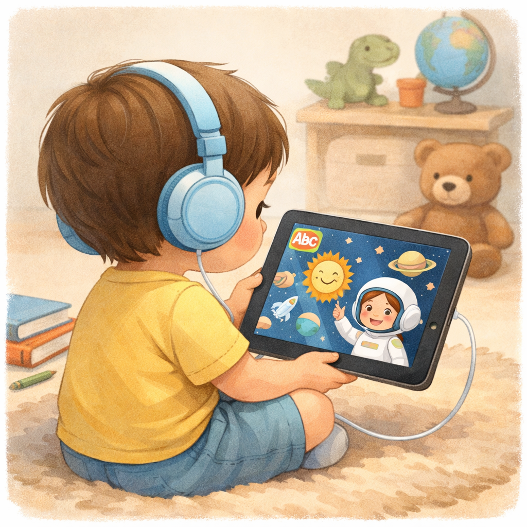 Child with headphones watching an educational TV show on a tablet.