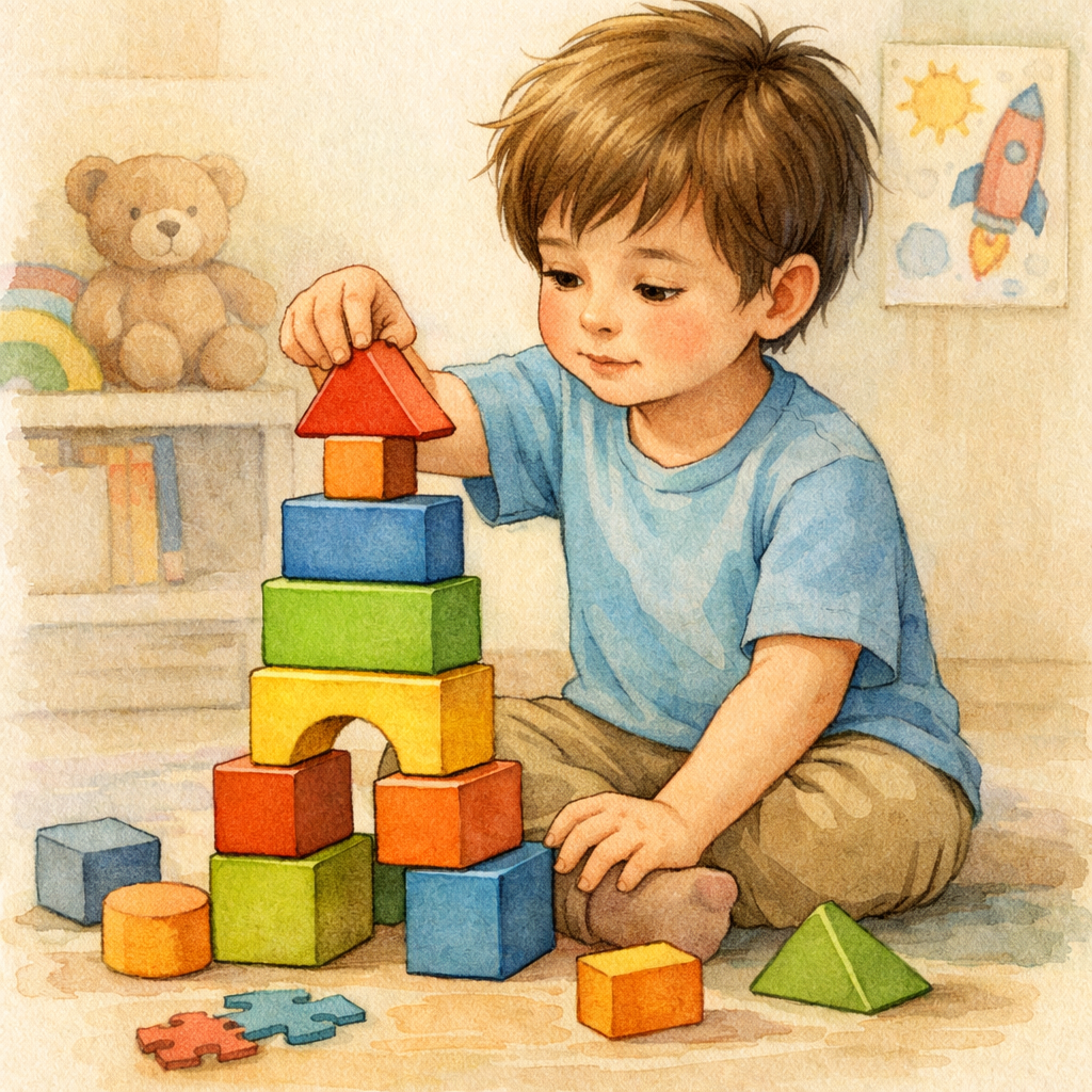 Autistic child building blocks to develop motor and problem-solving skills.