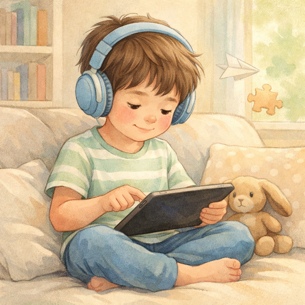 Autistic child using tablet – A child with autism sitting on a couch while using a tablet for entertainment or learning.