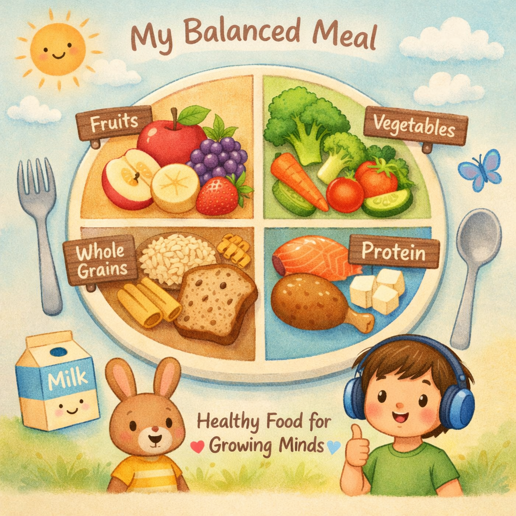 Balanced meal plate with fruits, vegetables, whole grains, and protein for supporting children with autism.