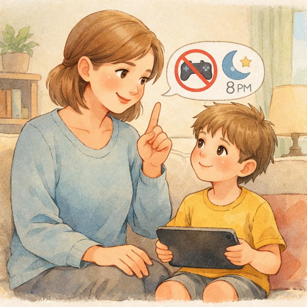 Parent calmly discussing screen time boundaries with a child.