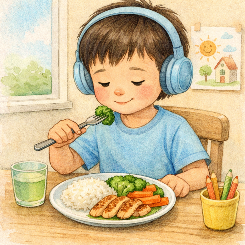 Child eating healthy meal – A young child with autism sitting at a table eating a balanced meal with vegetables, rice, and grilled chicken.