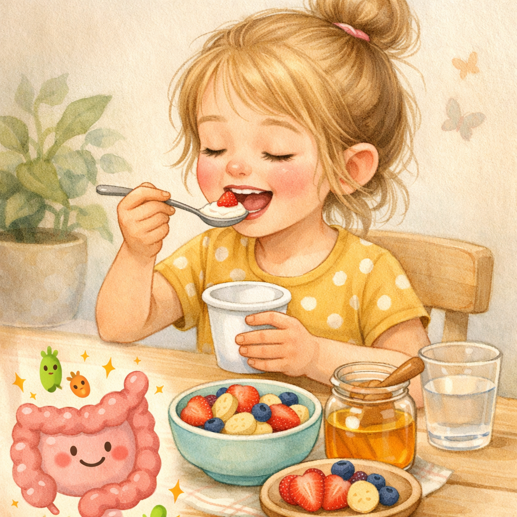 Child eating yogurt and fruit as part of a gut-friendly snack.
