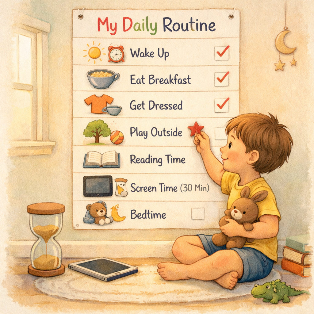 Child following a routine chart that includes homework, playtime, and limited screen use.