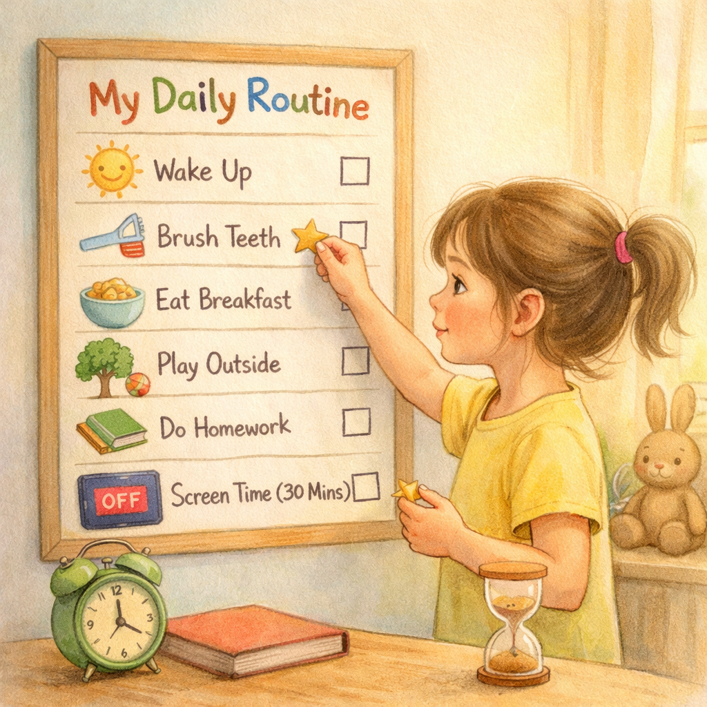 Child following a daily routine chart with limited screen time.