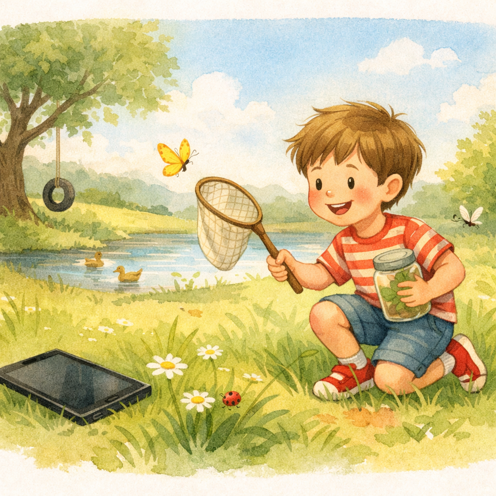 Child playing outdoors instead of using a tablet