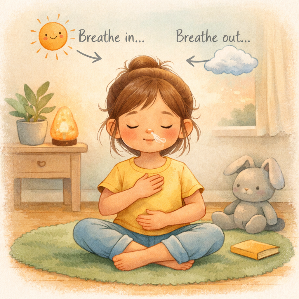 Child practicing calming breathing exercises to help manage stress levels.