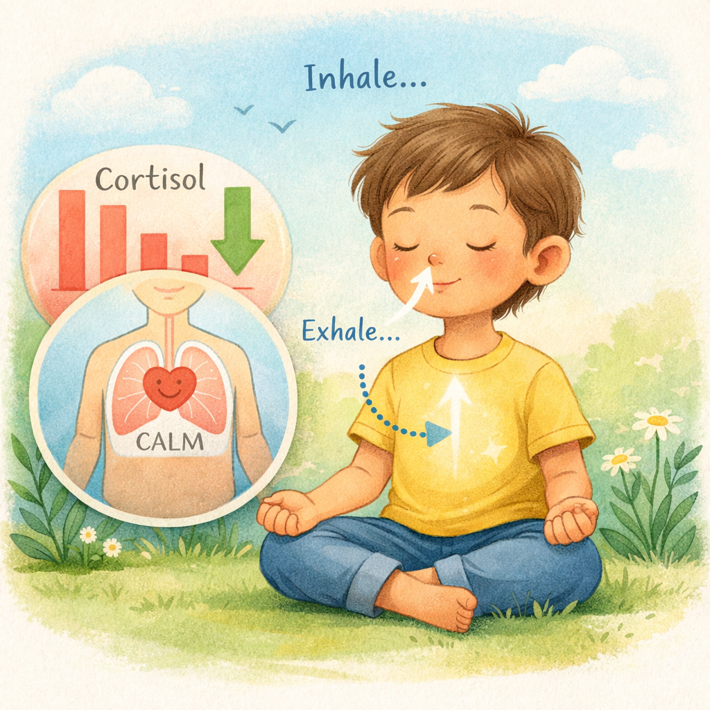 Child practicing deep breathing with a visual showing cortisol reduction.