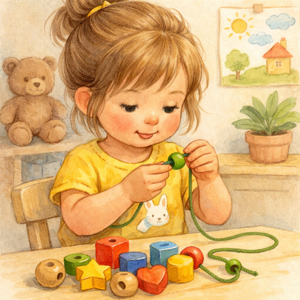 Child practicing fine motor skills with toys instead of using a touchscreen device.