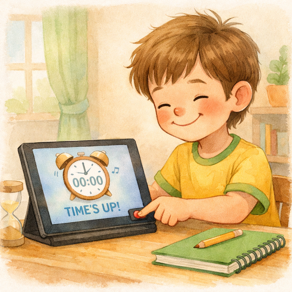 Child smiling while turning off a tablet after a timer goes off, showing cooperation.