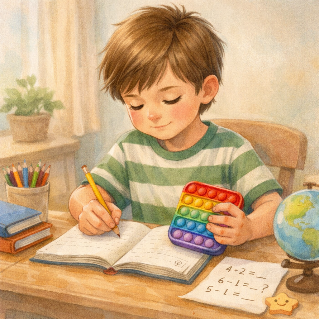 Child using a fidget toy while focusing on a learning activity at a desk.