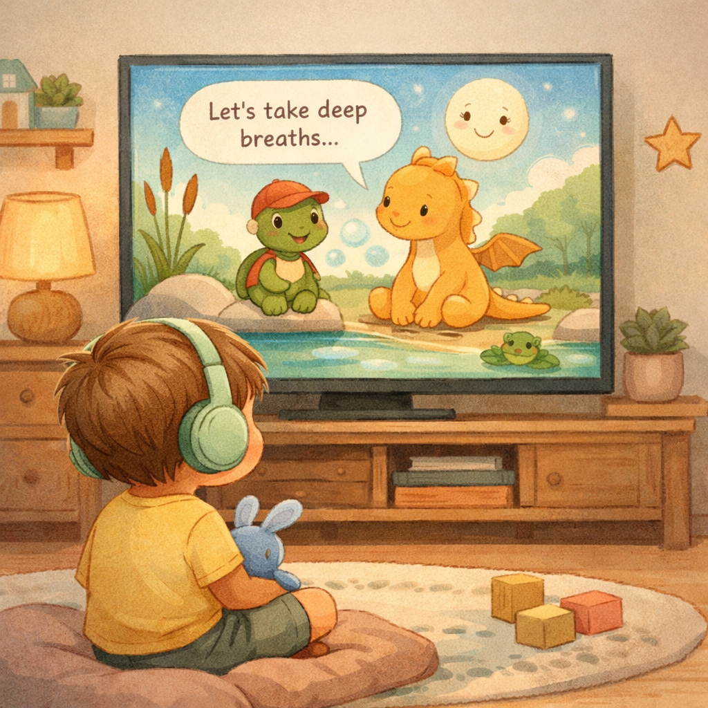 Child watching a calm and educational animated show designed for neurodiverse children.