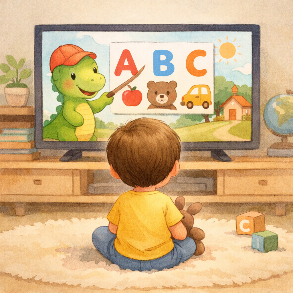 Child watching educational cartoon – A neurodiverse child sitting on a couch watching a colorful educational cartoon on a television.