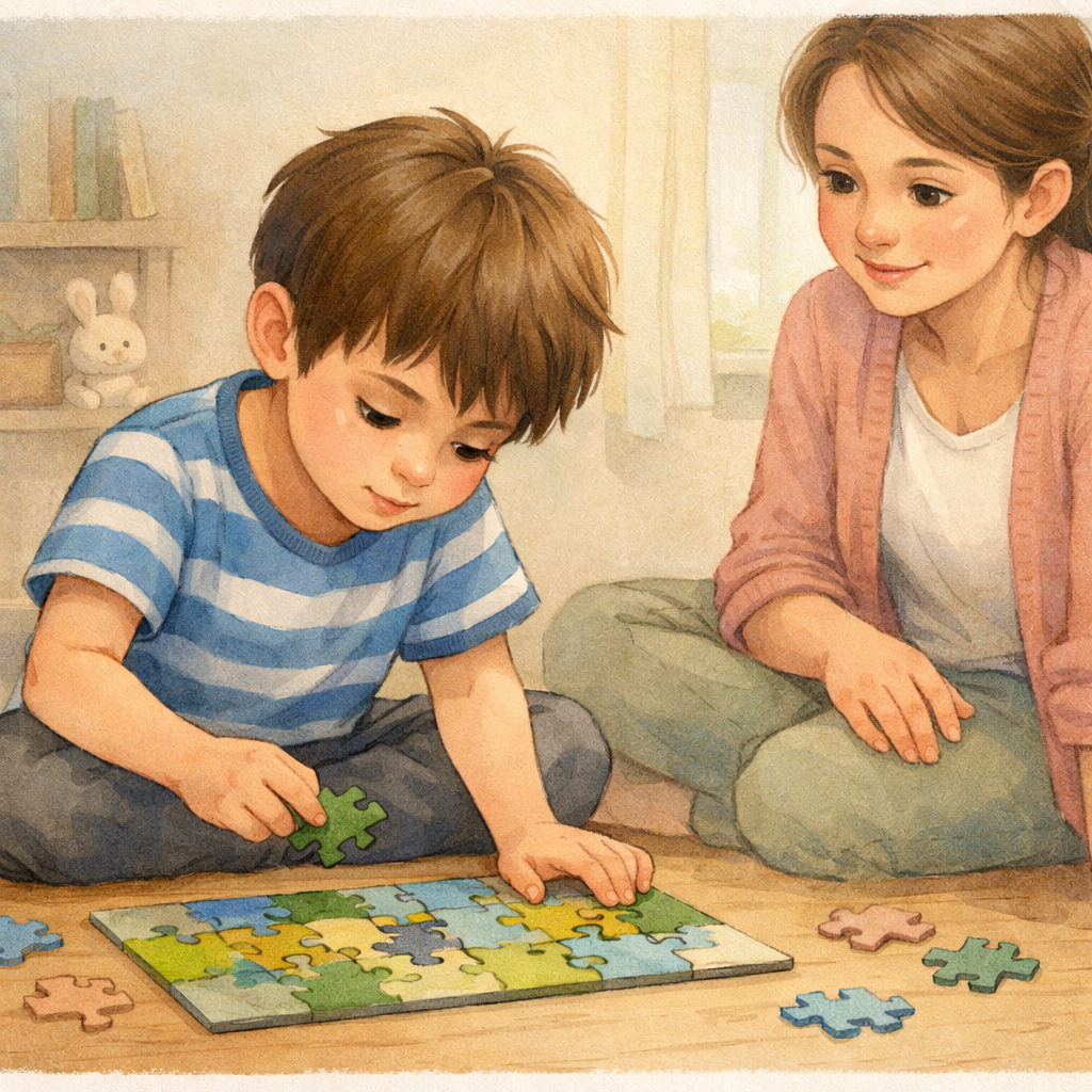 Child with ADHD and autism focusing on a puzzle with a parent nearby.