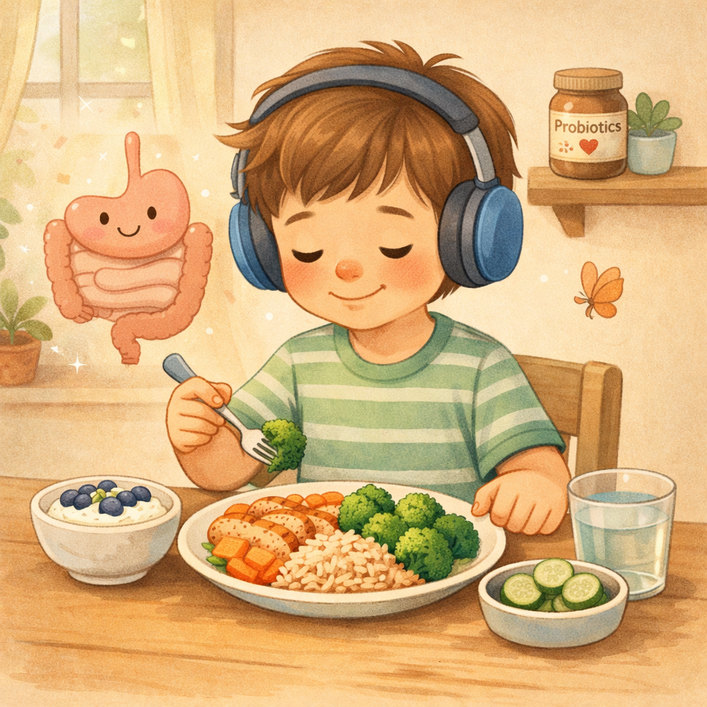 Child with autism eating a balanced meal that supports digestive health.