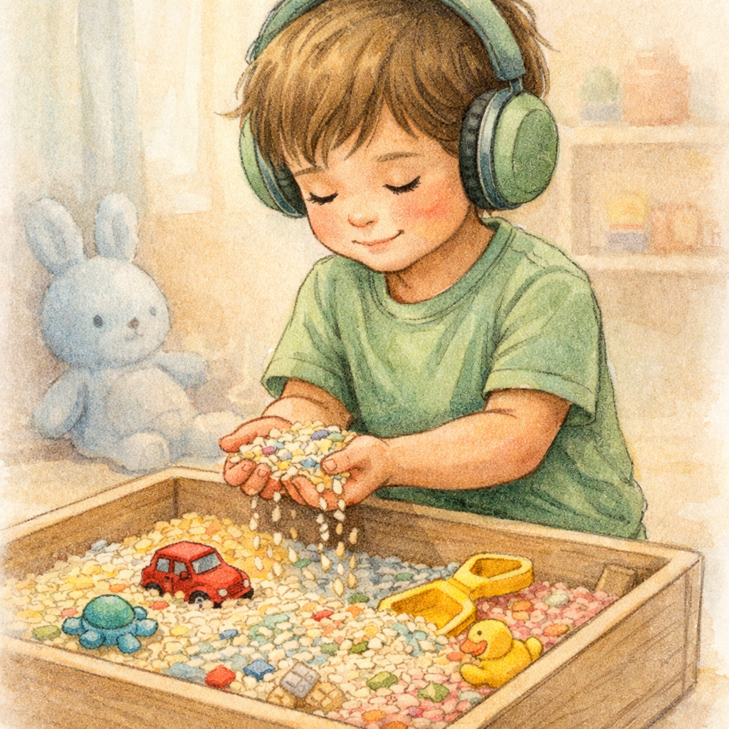 Child with autism exploring sensory bins filled with rice, beads, and small toys.