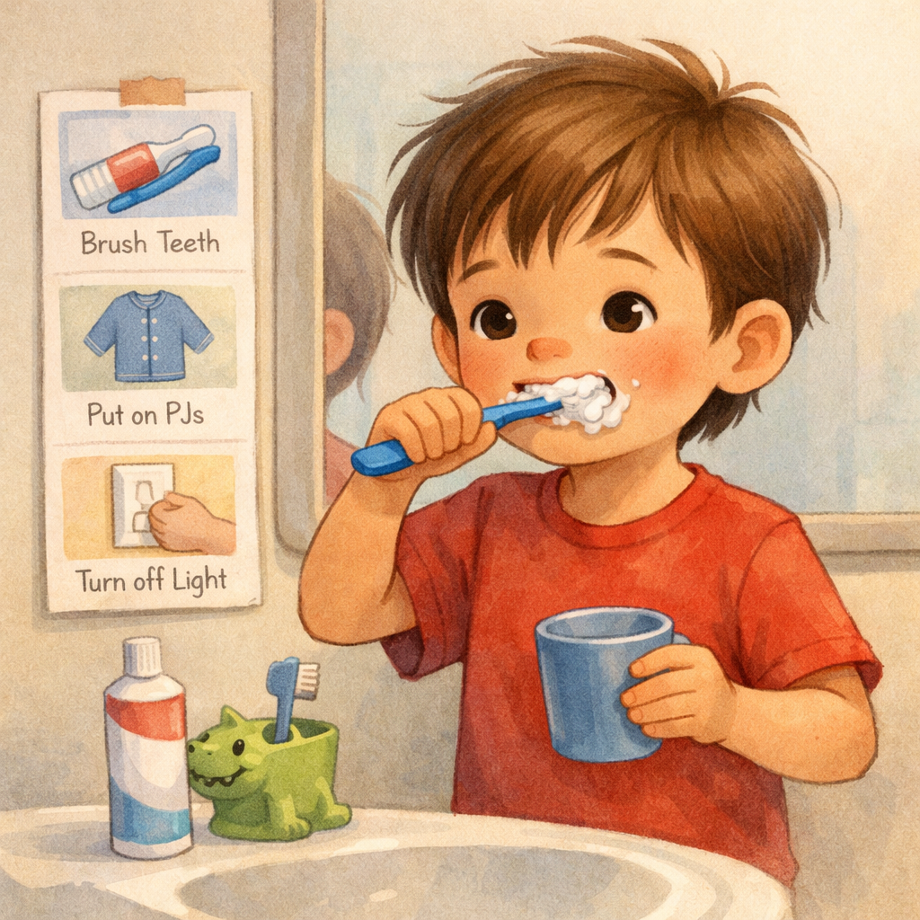 Child with autism following a bedtime routine chart showing steps like brushing teeth, putting on pajamas, and turning off lights.