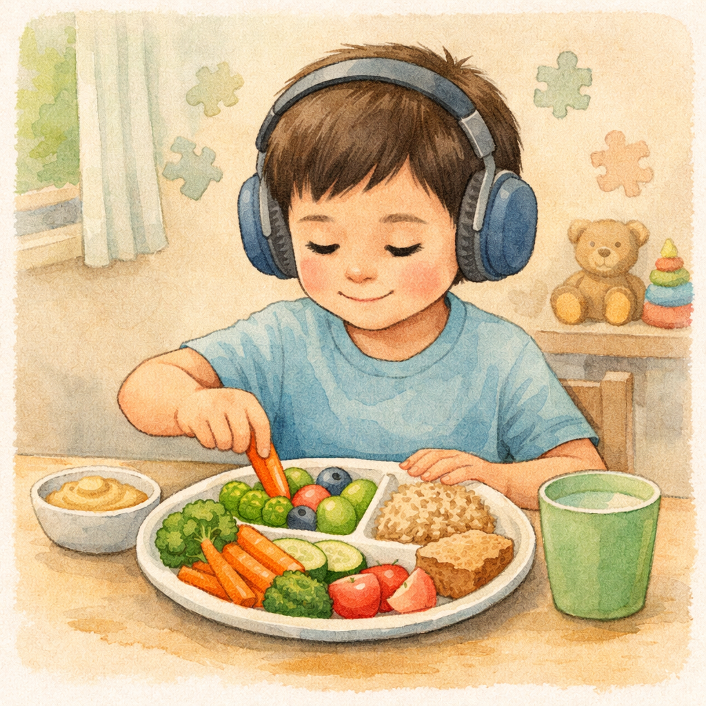 Child with autism selecting healthy food options from a plate with fruits, vegetables, and grains