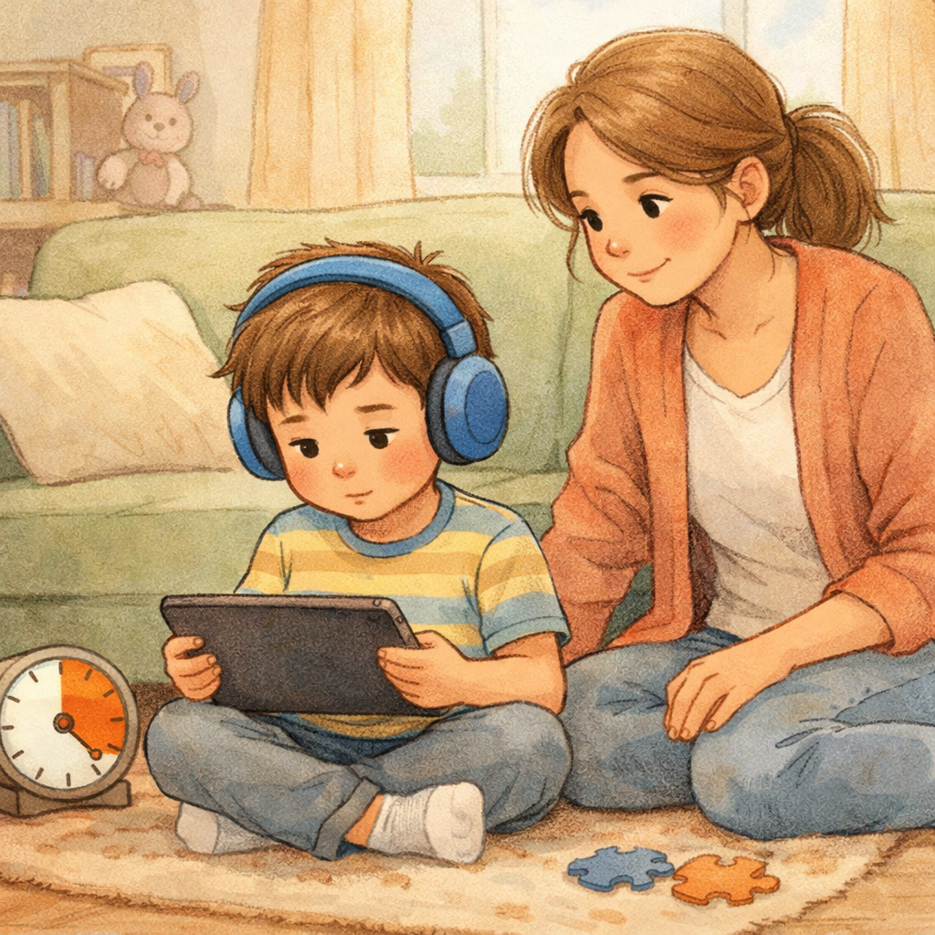 Child with autism using a tablet while a parent supervises screen time at home.