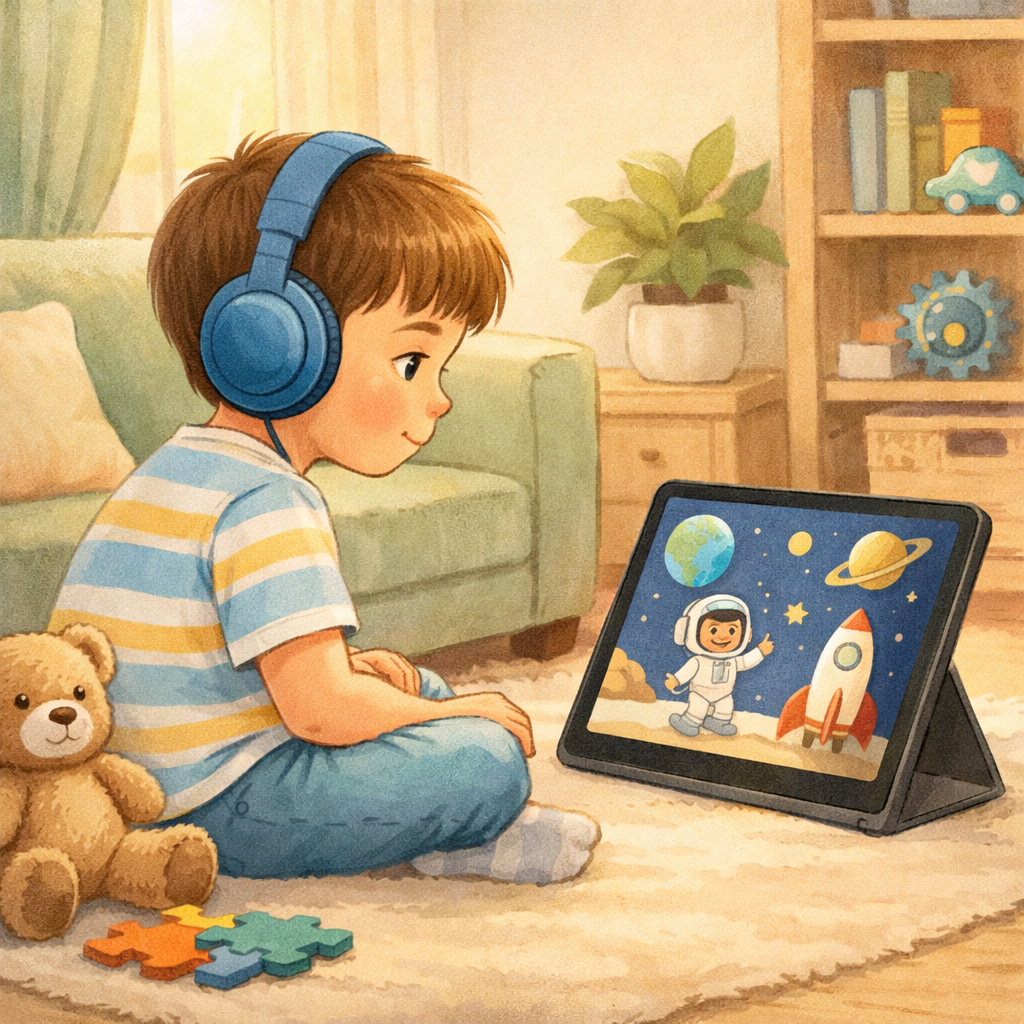Child with autism watching an educational show on a tablet in a calm home environment.