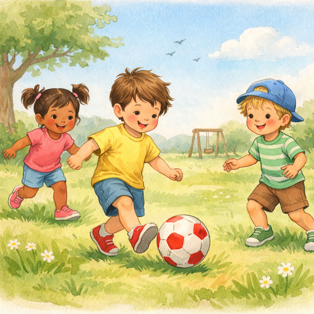 Children playing outdoors with a ball and enjoying active play instead of using screens.