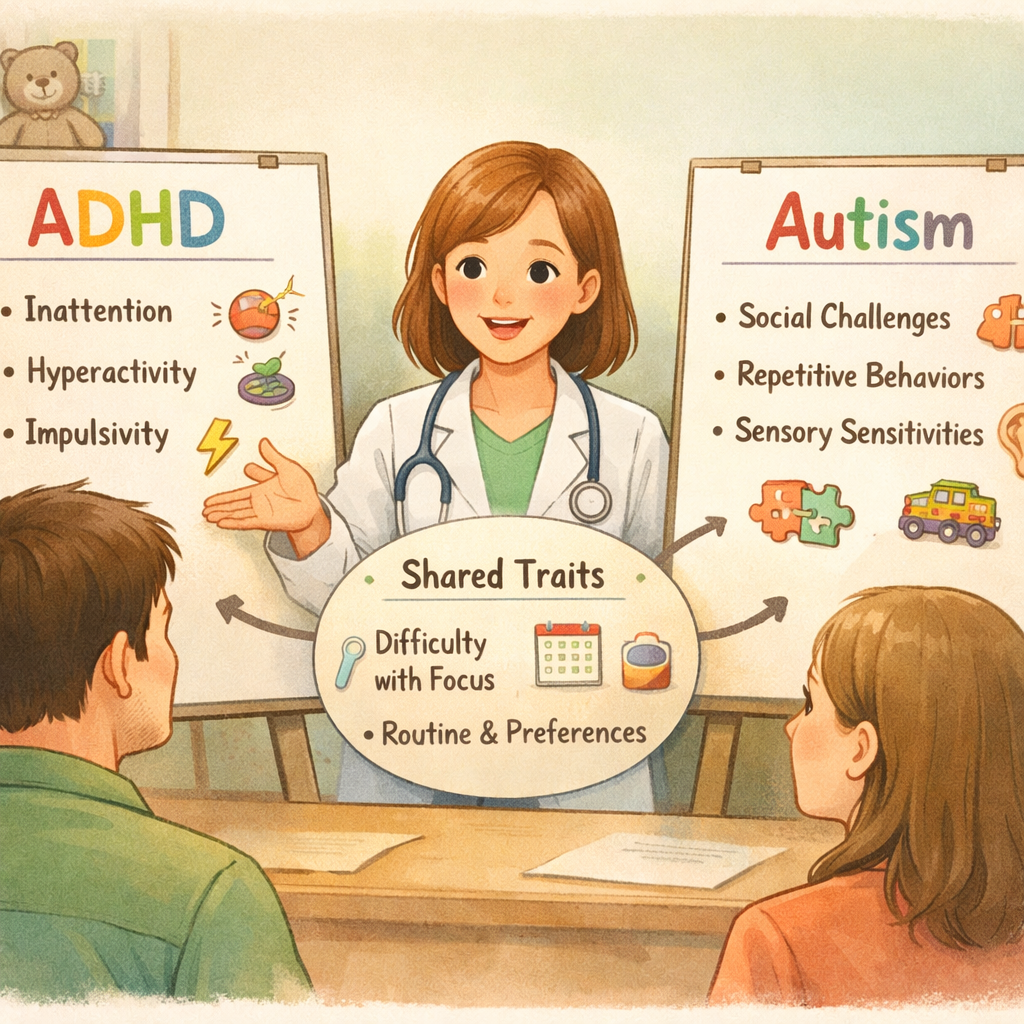 Doctor explaining similarities and differences between ADHD and autism to parents.