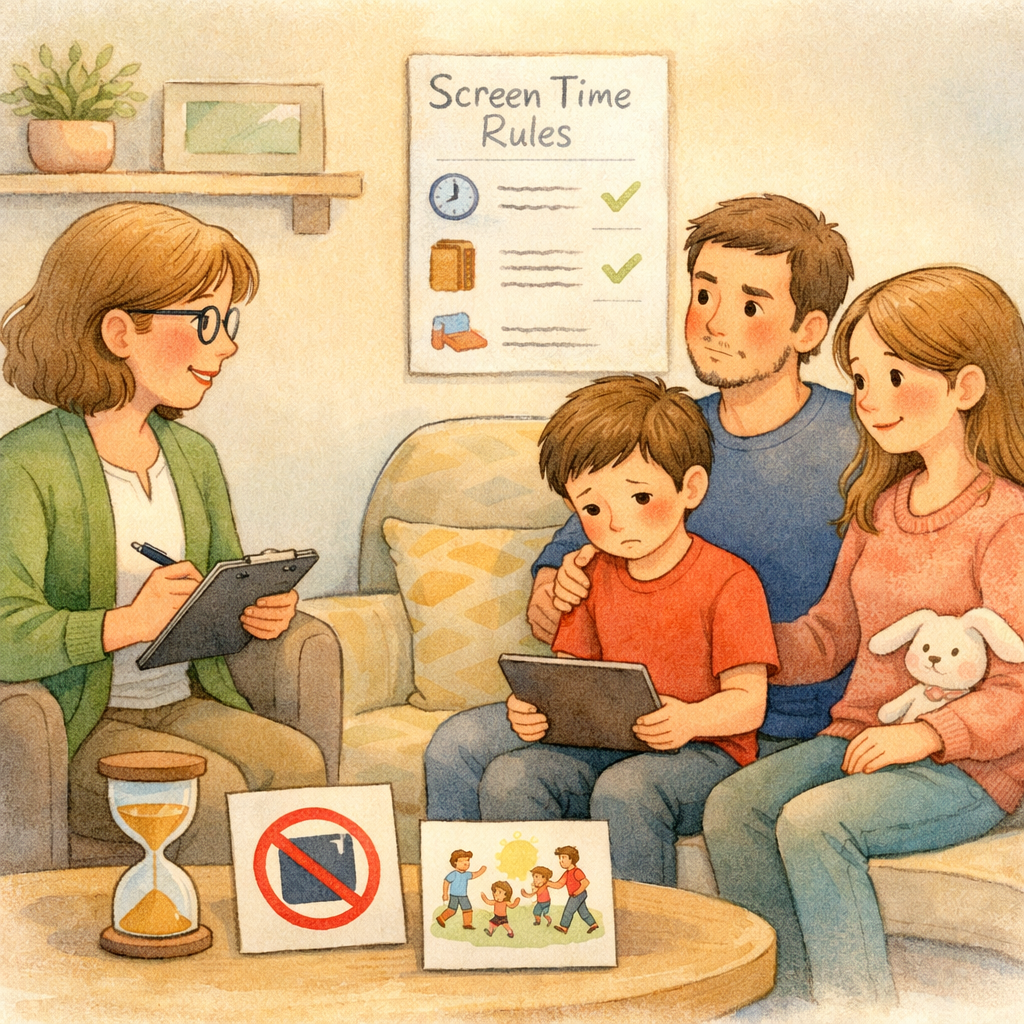 Family attending a counseling session to address a child’s excessive screen habits together