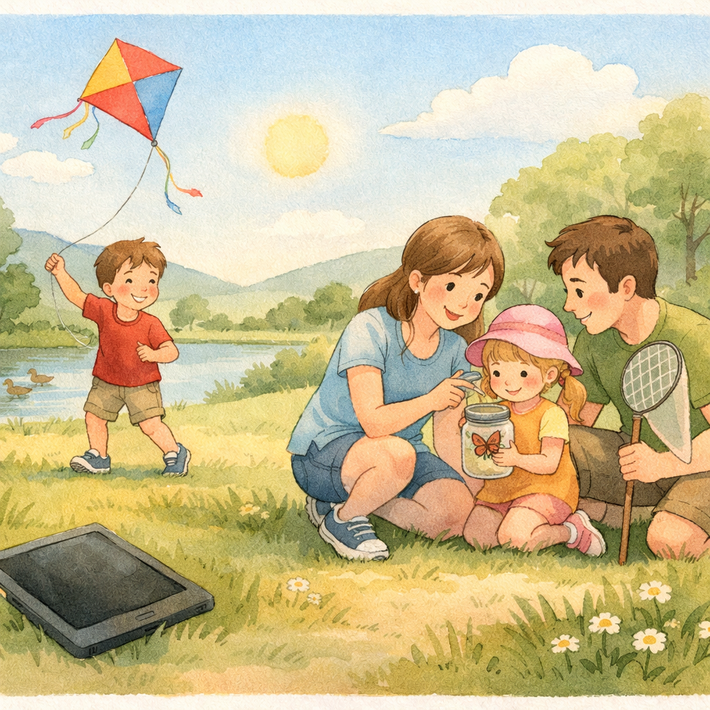 Family engaging in outdoor activities as an alternative to tablet use.