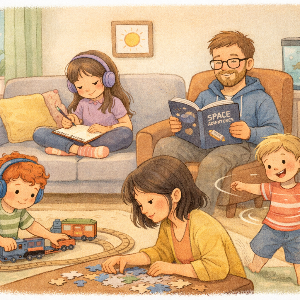 Parents and children in a neurodiverse family engaging in a calm activity like reading and playing together.