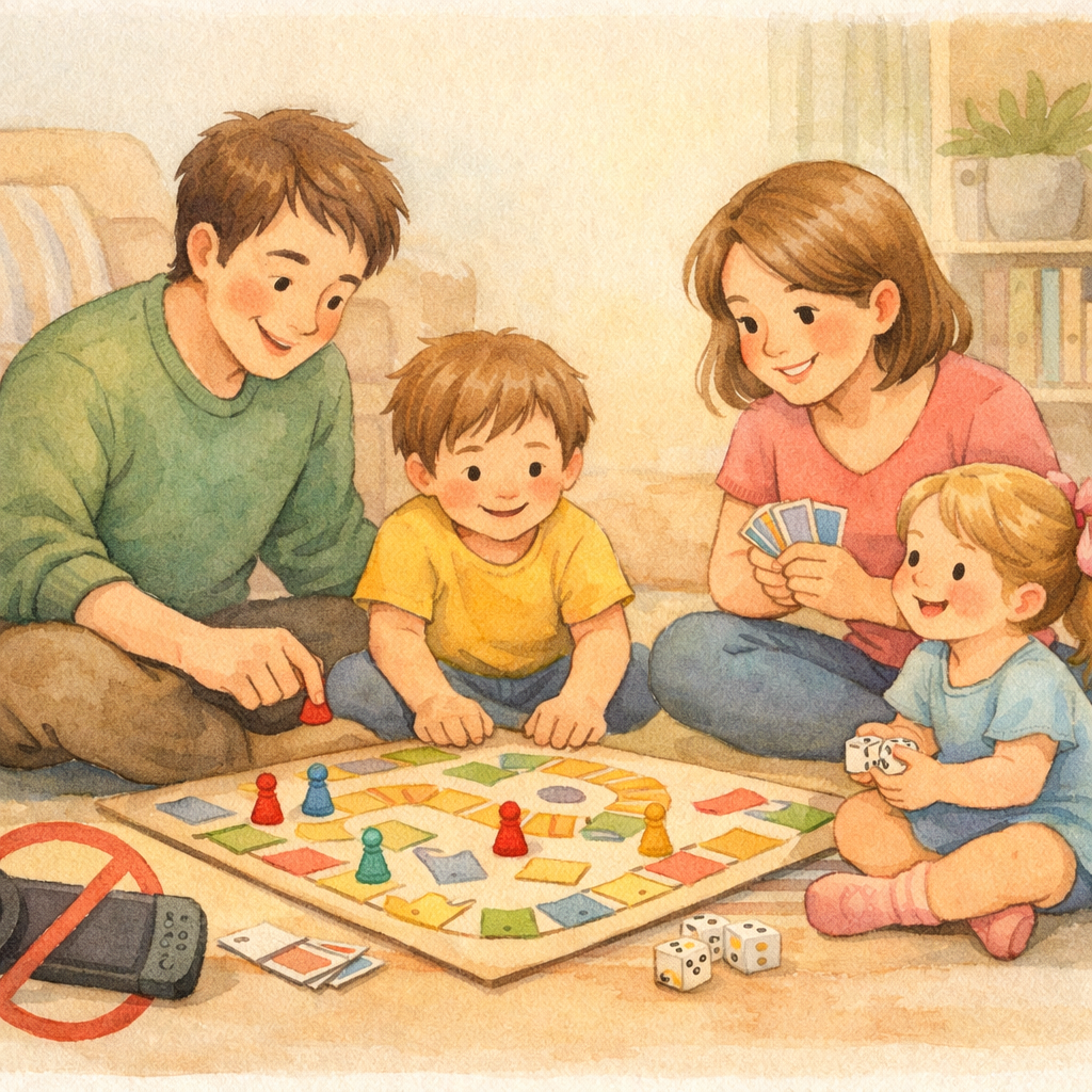 Family playing a board game together instead of using digital games.