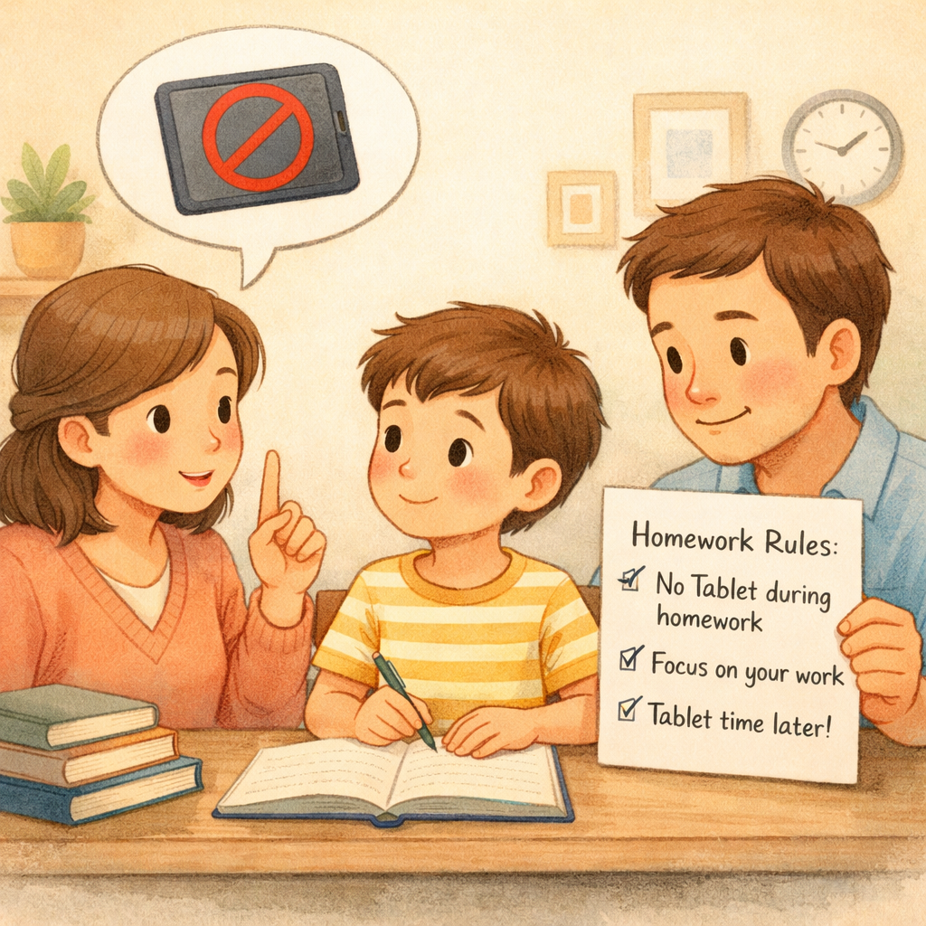 Parent explaining screen time rules to a child in a calm setting.