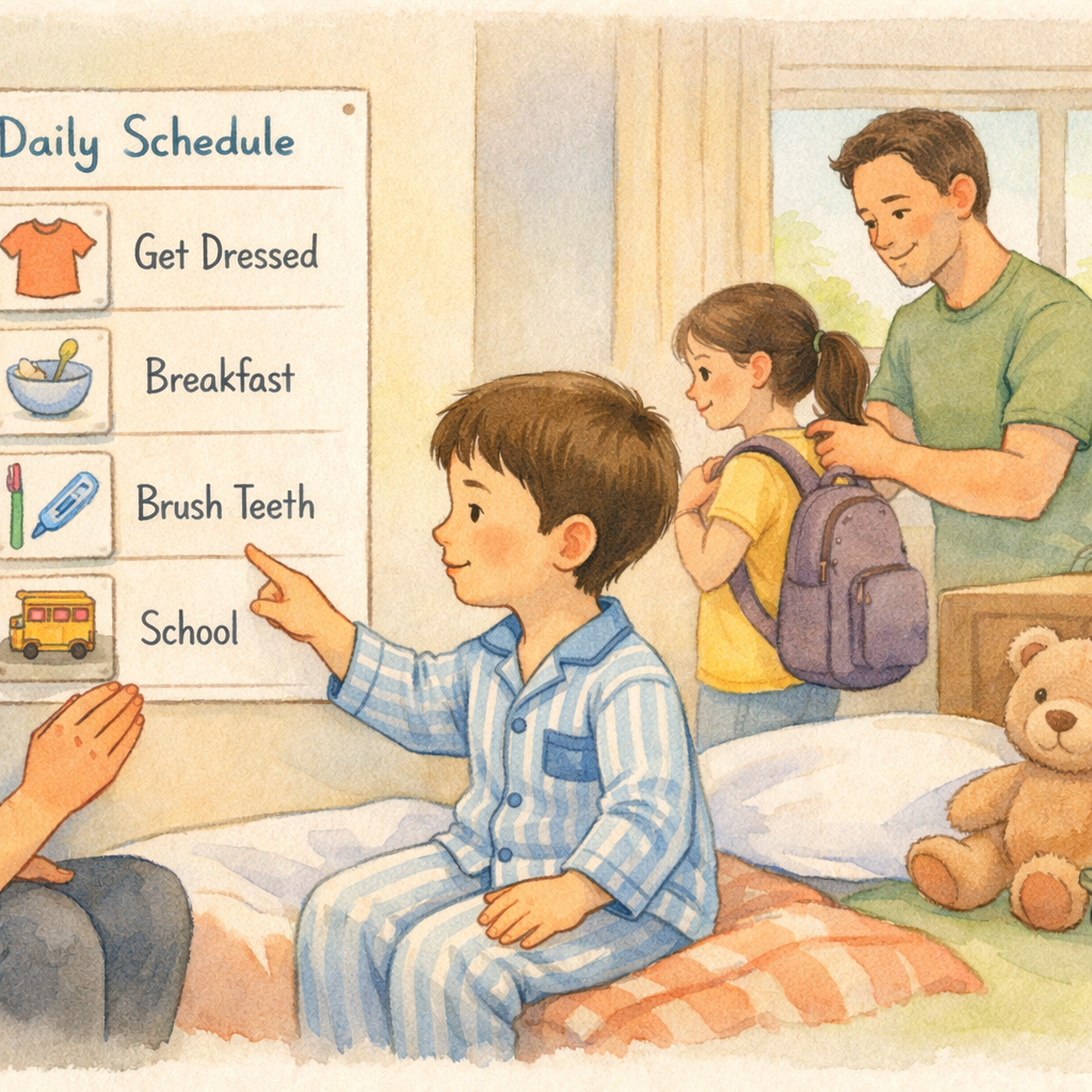 Parent using a visual schedule chart to help a neurodiverse child follow a daily routine.