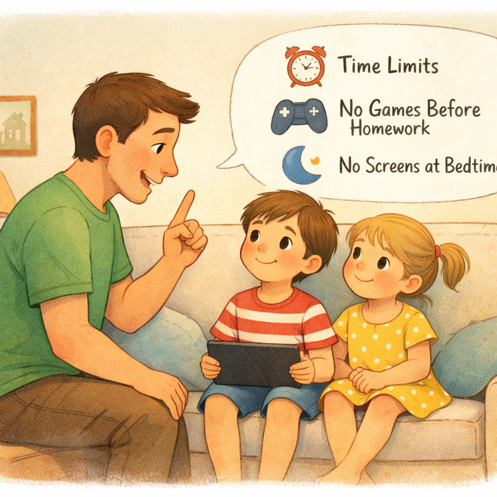 Father explaining screen time rules to children sitting on a couch with a tablet.