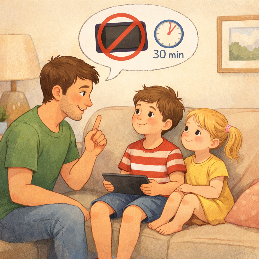Father explaining screen time rules to children sitting on a couch with a tablet.