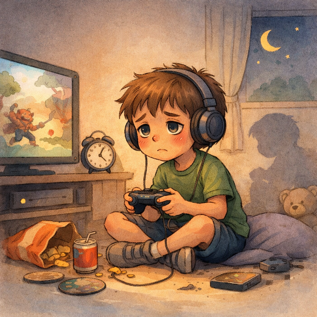 Young gamer sitting in a dark room illuminated by the glow of a gaming monitor late at night.