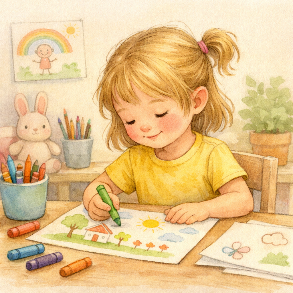 Kid drawing with crayons at a table without screens.