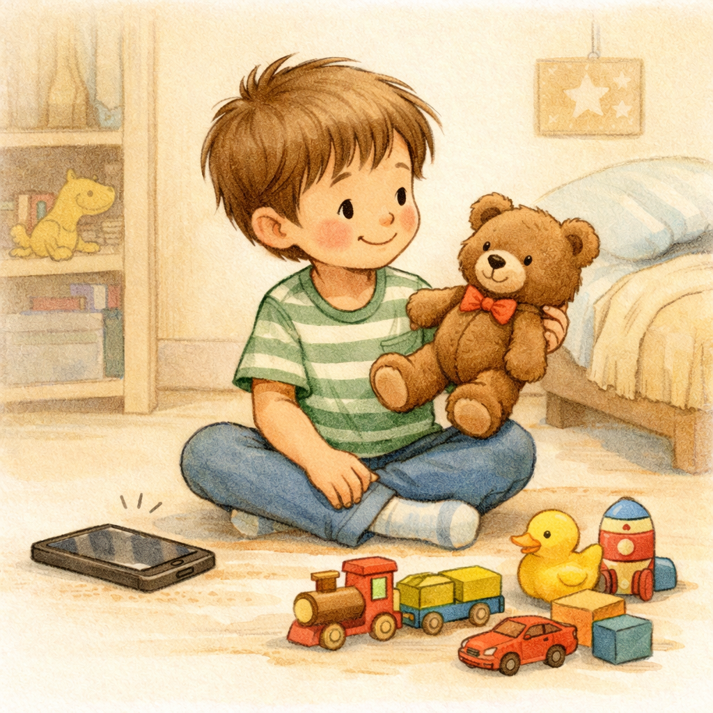 Kid looking away from a phone and choosing a toy instead.