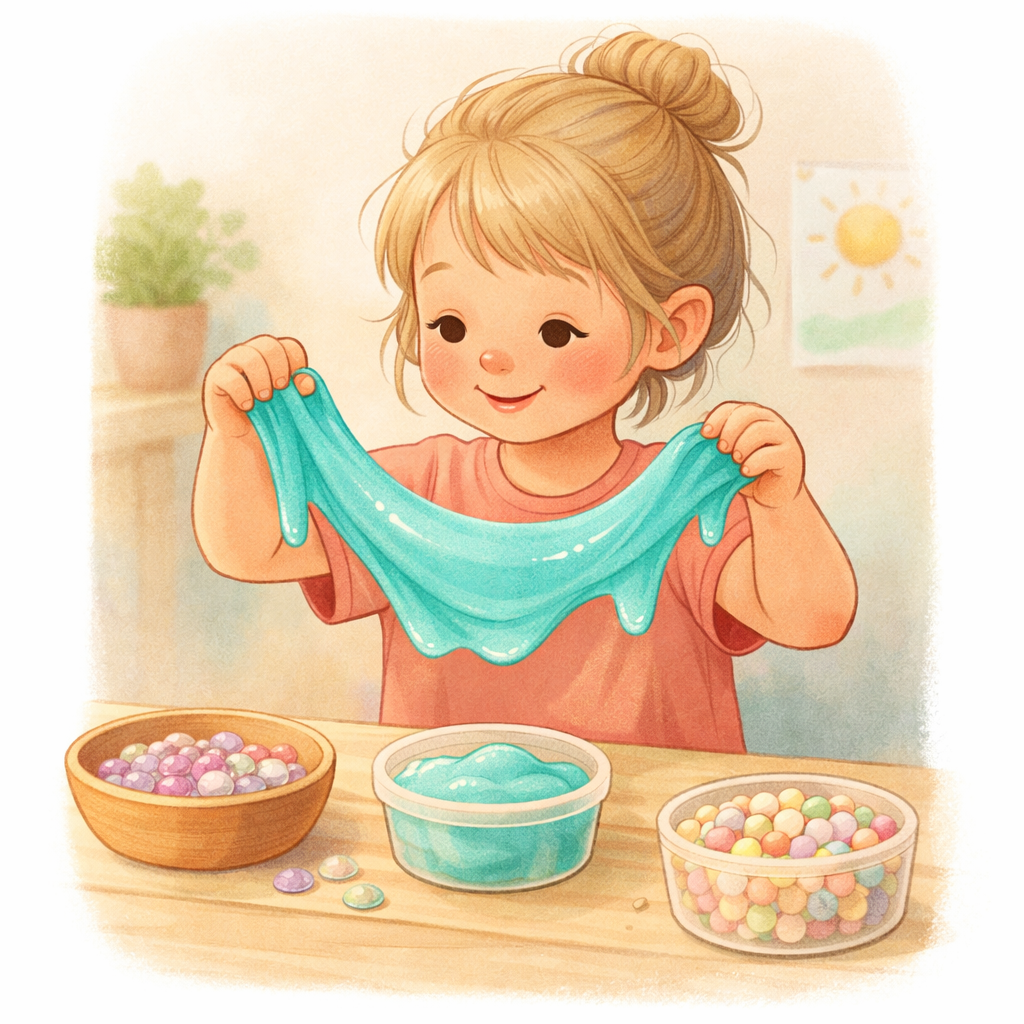 Kids playing with soft sensory slime and textured materials during a hands-on activity.