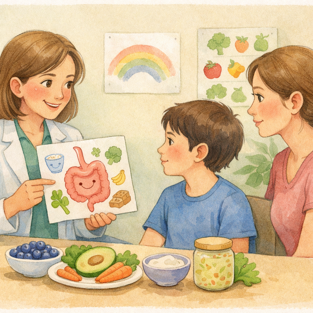 Dietitian helping a child with autism explore healthy foods during a supportive nutrition therapy session.