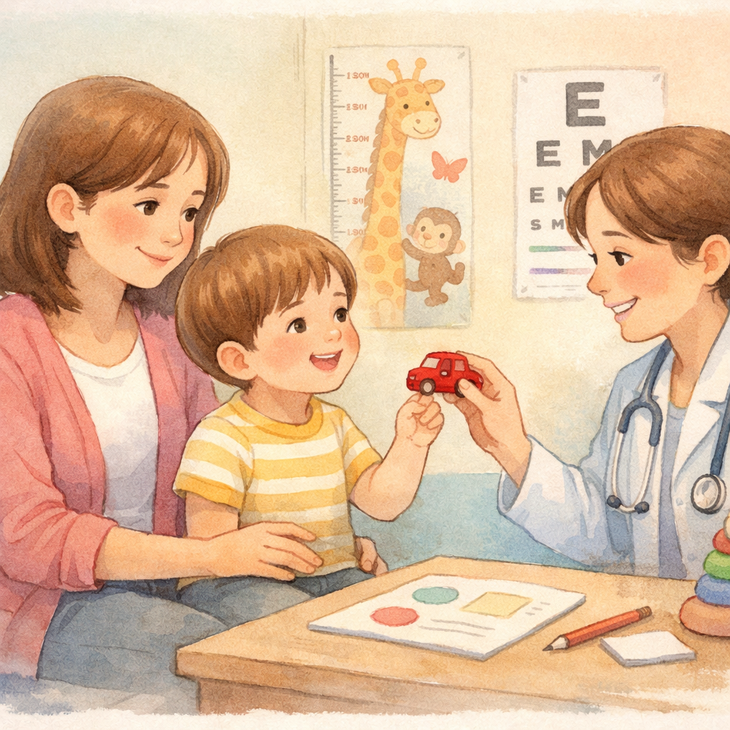 Parent and child attending a developmental health assessment.