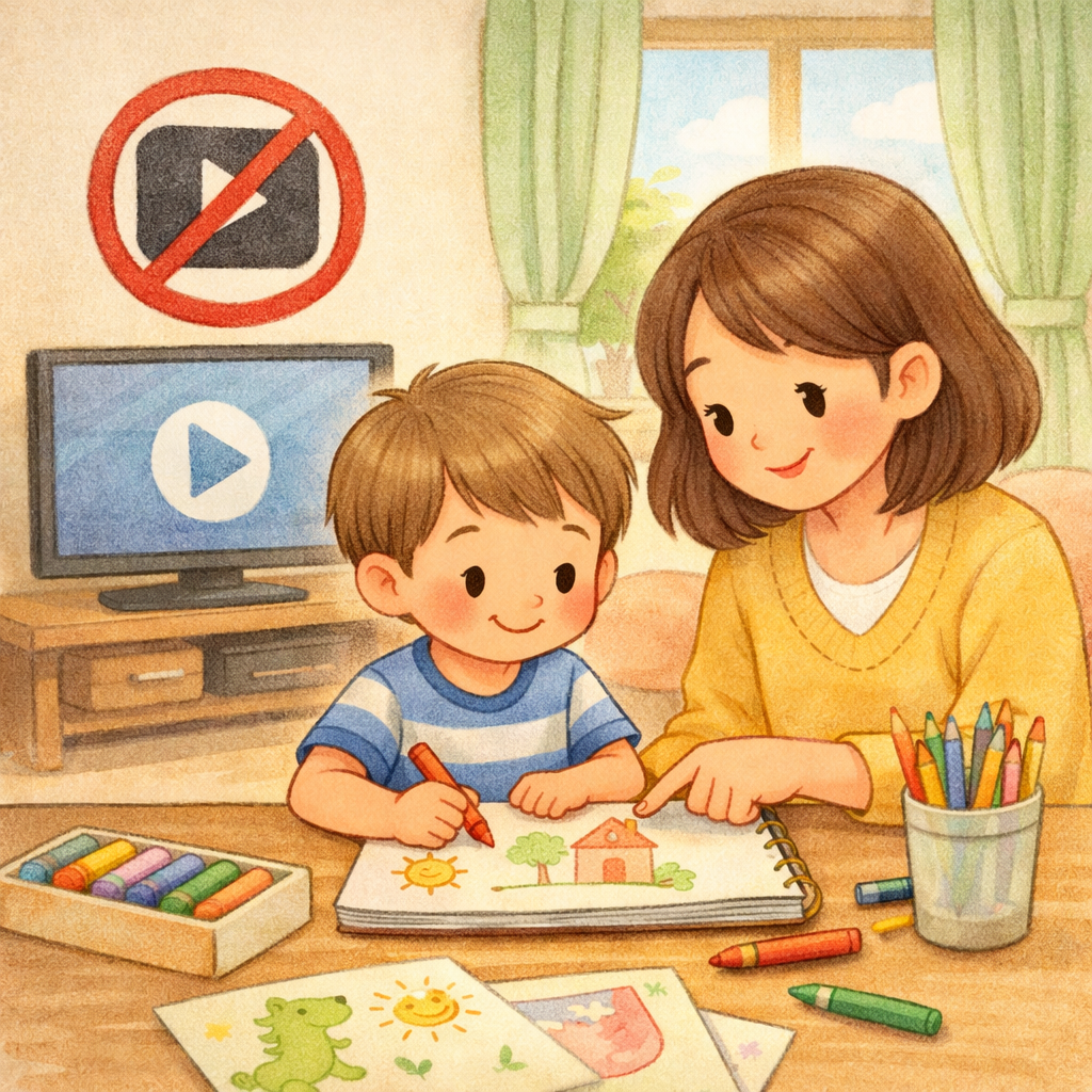 Parent and child choosing a non-digital activity, like drawing, instead of watching videos.