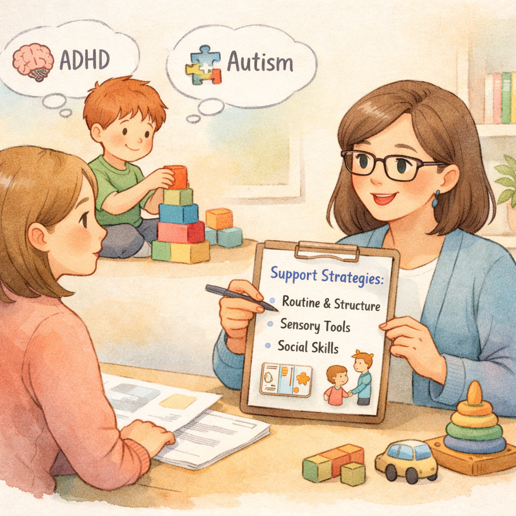 Parent and specialist discussing support strategies for a child with ADHD and autism.