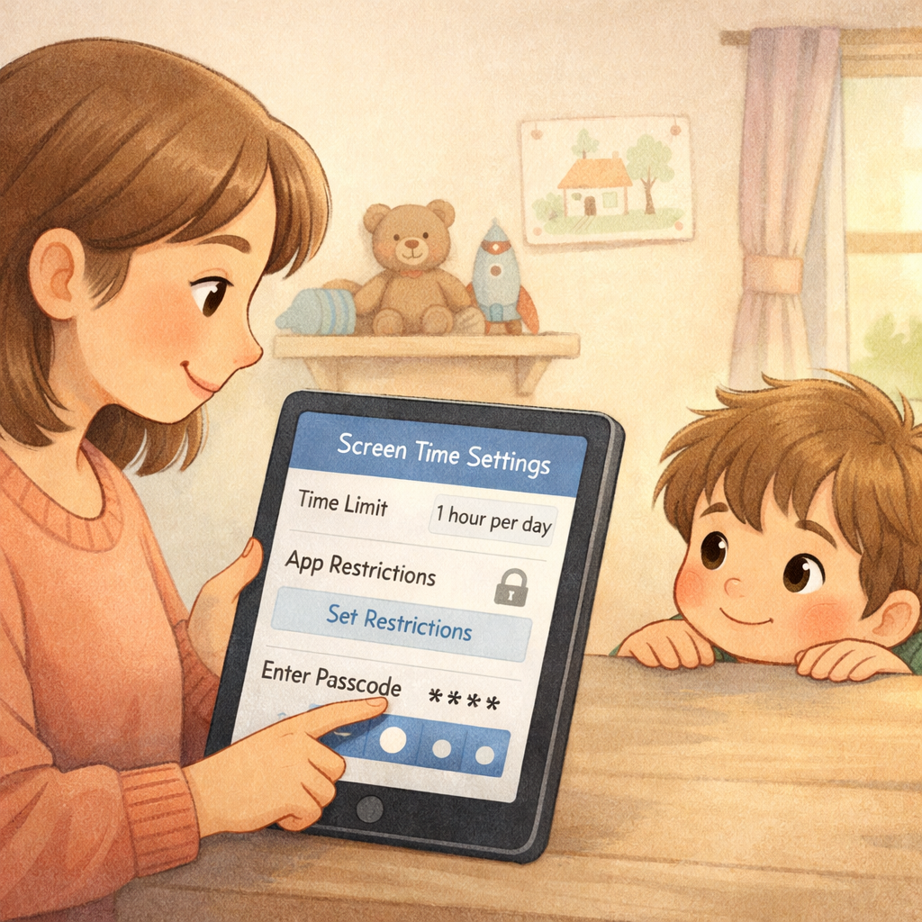 Tablet settings menu showing parental controls and screen time limits enabled
