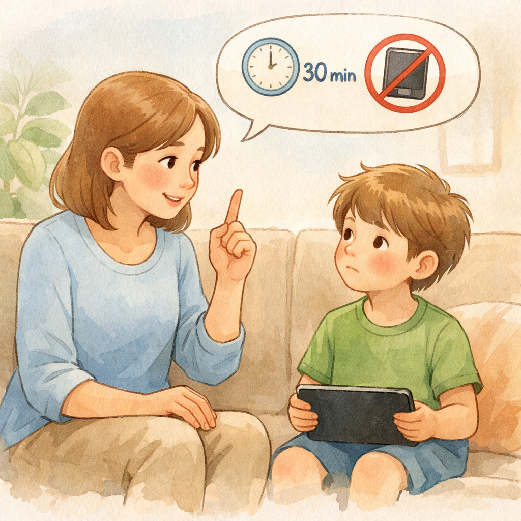 Parent explaining screen time rules to a child holding a tablet