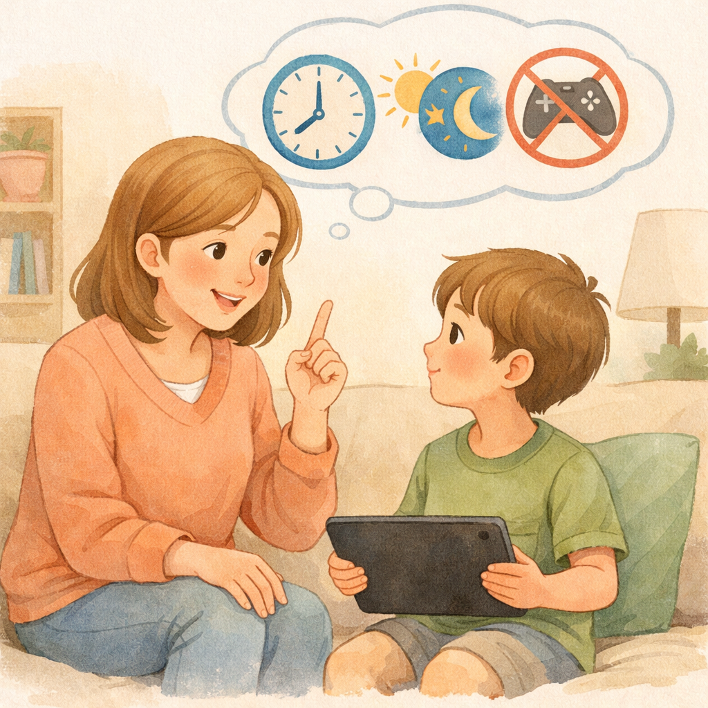 Parent explaining screen time rules to a child holding a tablet