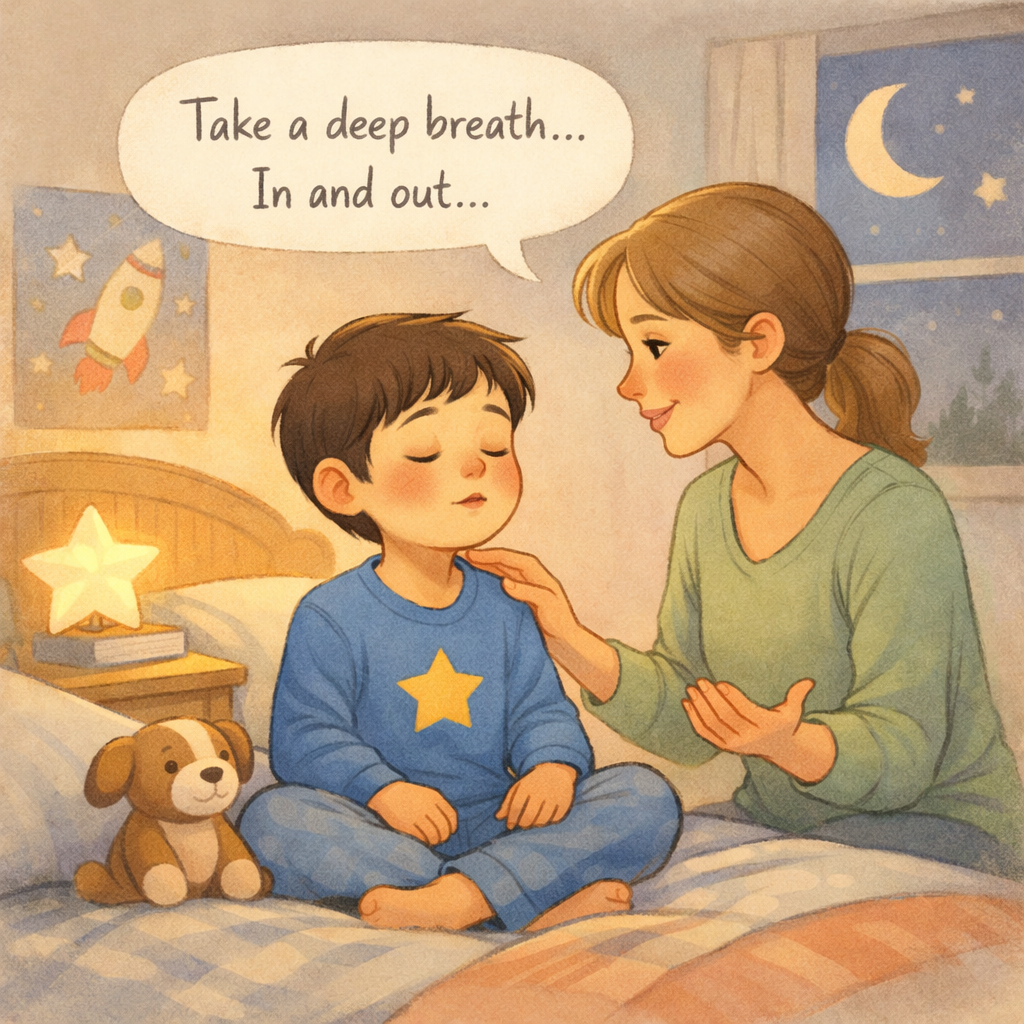 Parent helping a child with autism follow a calming bedtime routine.