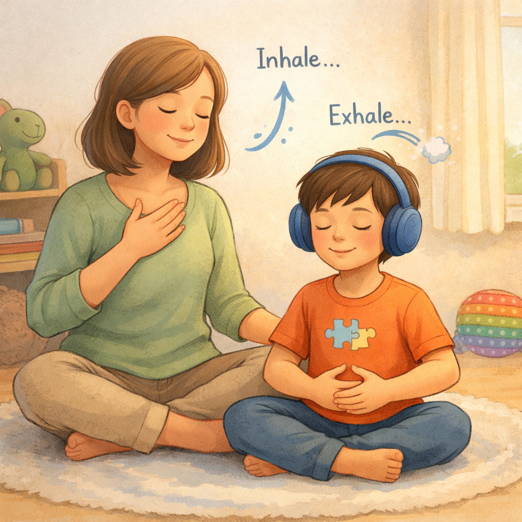 Parent helping a child with autism practice deep breathing to manage stress.
